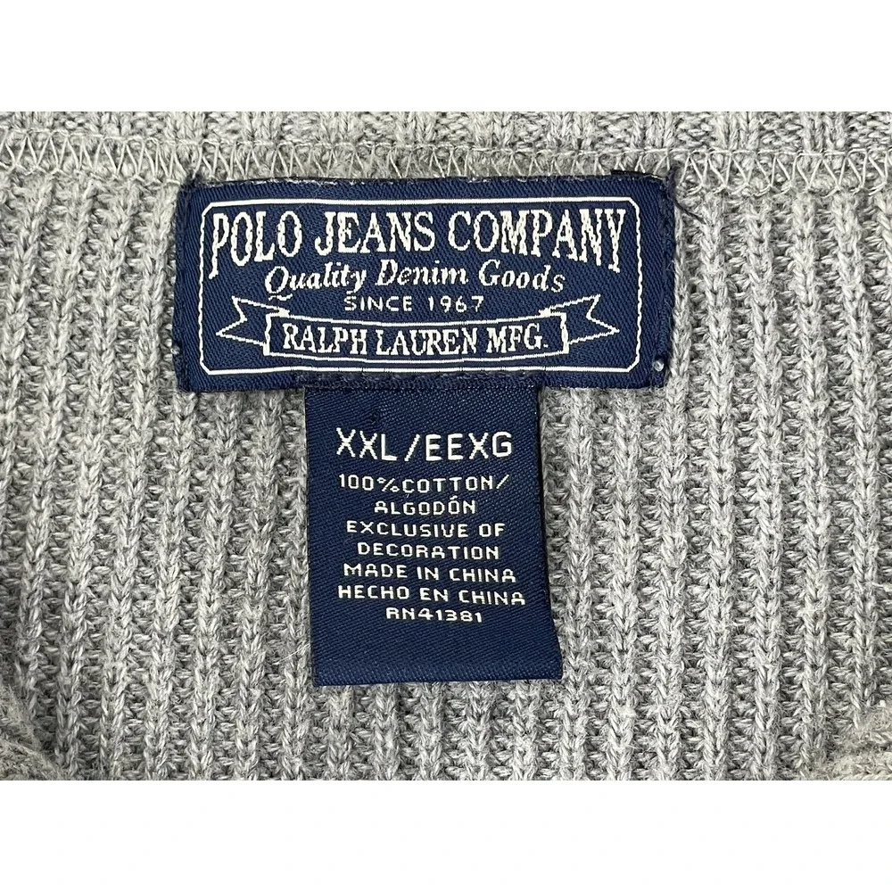 VTG POLO‎ JEANS CO Ralph Lauren Sweater Mens 2XL Qtr Zip 100% Cotton Gray Cream